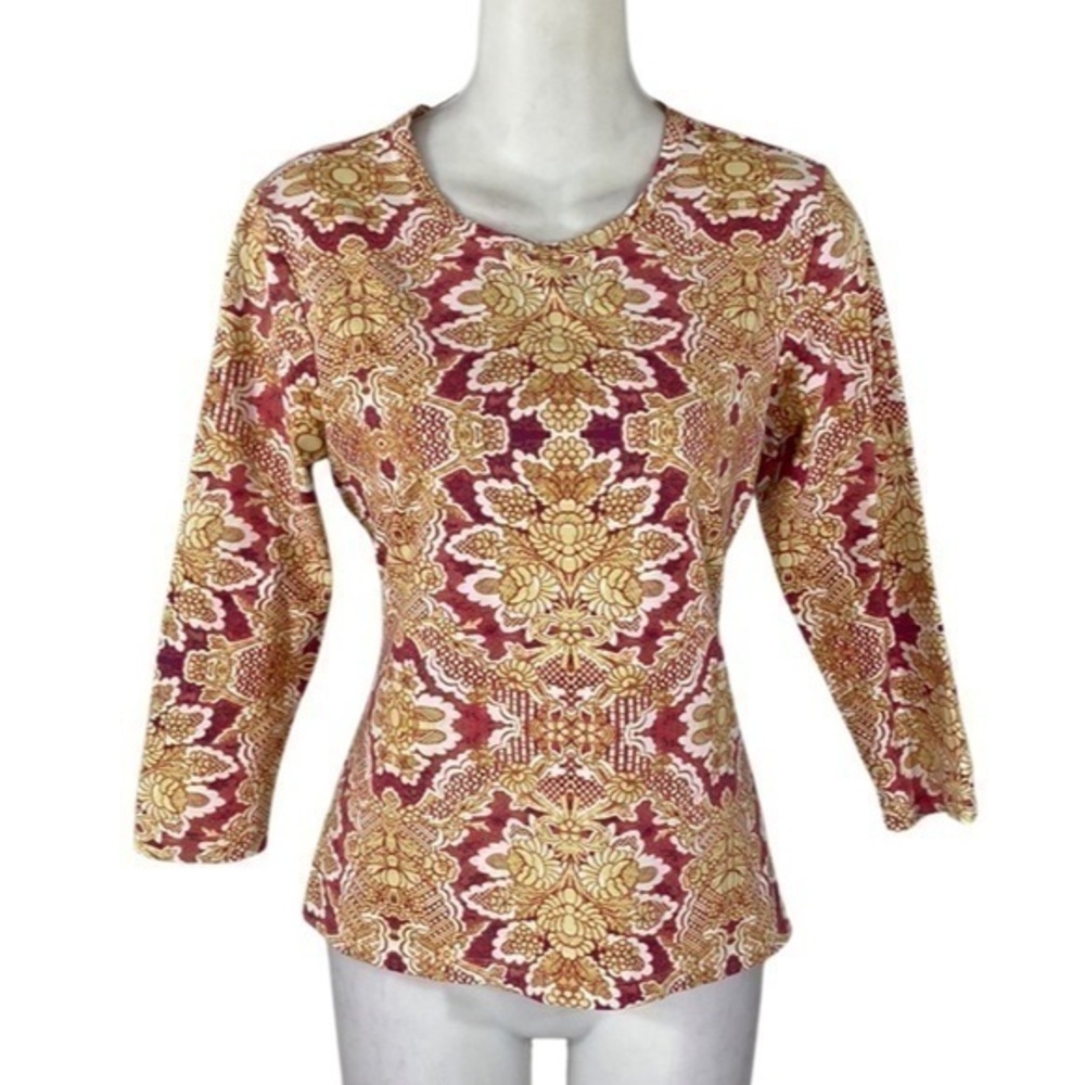 J. McLaughlin deep pink gold yellow floral damask print stretch shirt AF24